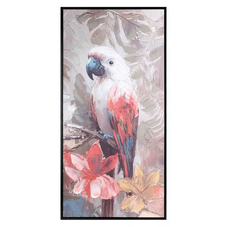 Obraz biało, czerwony ręcznie malowaną na płótnie papugą 50x100 cm Eurofirany