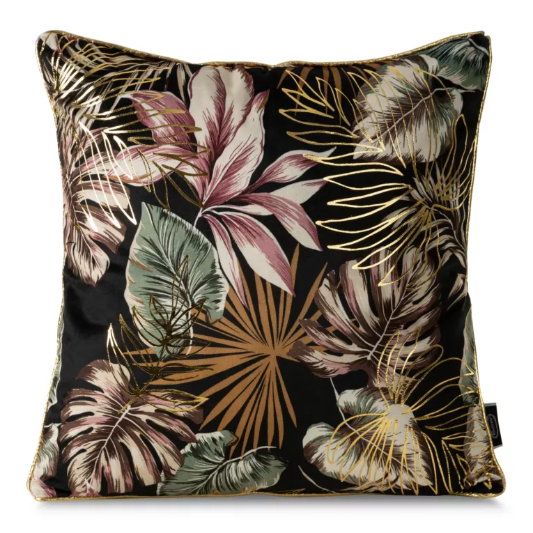 Poszewka na poduszkę 45x45 cm welwetowa z nadrukiem barwnych egzotycznych i złotych liści czarna MAROKO Eurofirany