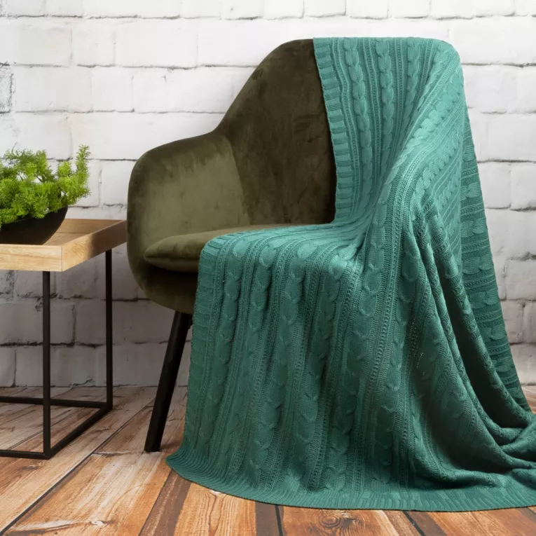 Koc akrylowy 130x170 cm ciemnozielony z dzianiny z warkoczami AKRYL 2 EUROFIRANY PREMIUM