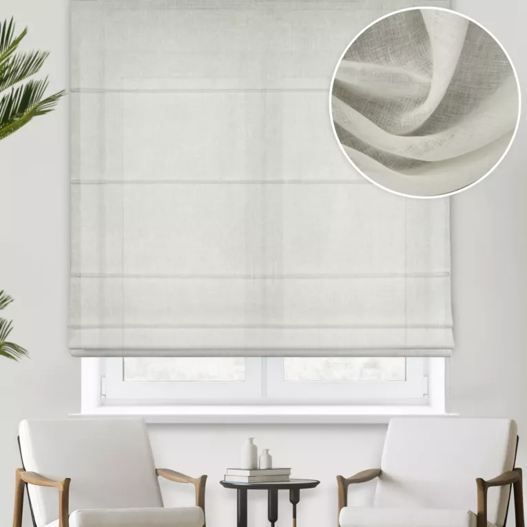 Roleta rzymska kremowa wykonana z naturalnej lnianej tkaniny, matowa, wykończona obciążnikiem