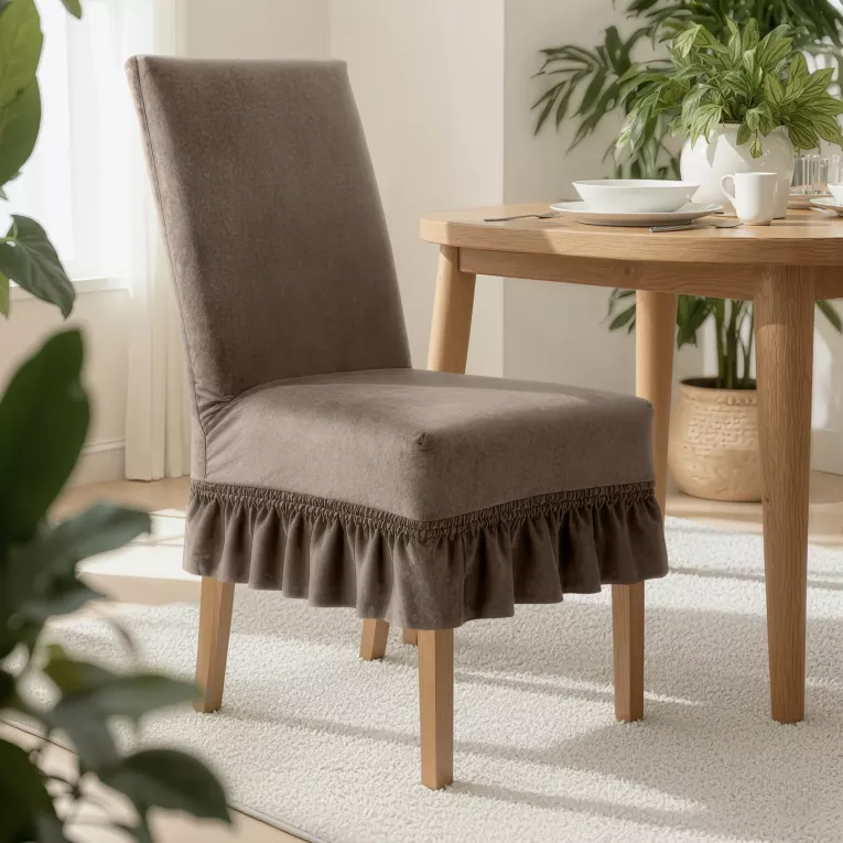 Pokrowiec na krzesło ciemnobeżowy wodoodporny z ozdobną falbanką  Design 91  Eurofirany