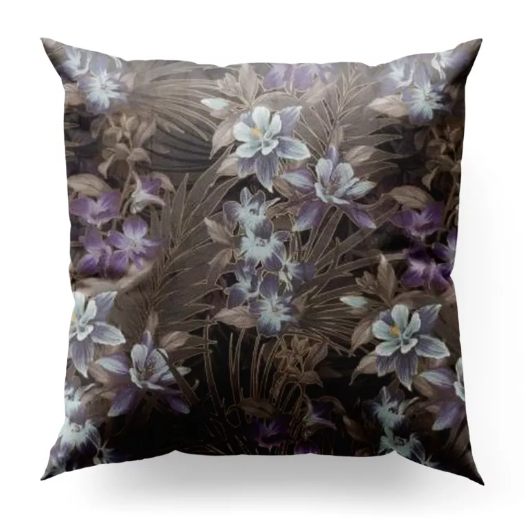 Poszewka szyta wrzosowo ciemnobeżowa z miękkiej, welwetowej tkaniny, z nadrukowanym dużym wzorem kwiatowym