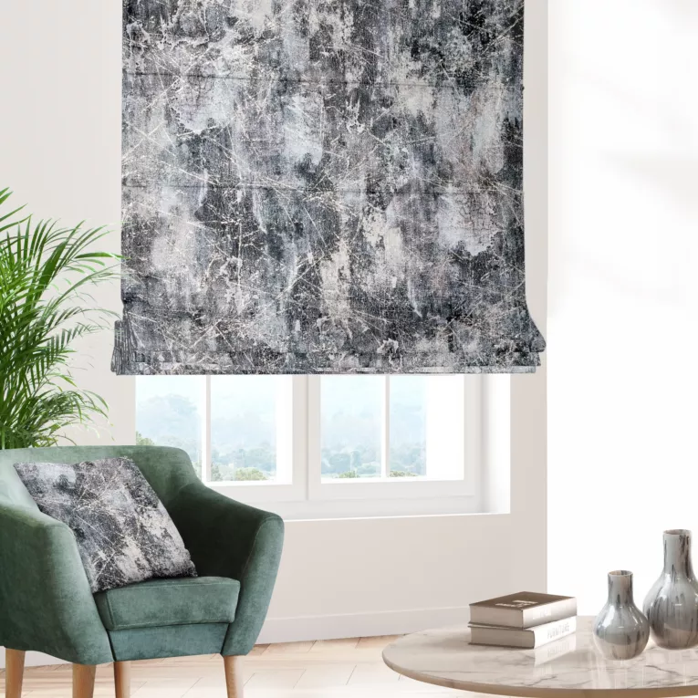 Roleta rzymska grafitowo złota z welwetowej tkaniny z błyszczącym nadrukiem