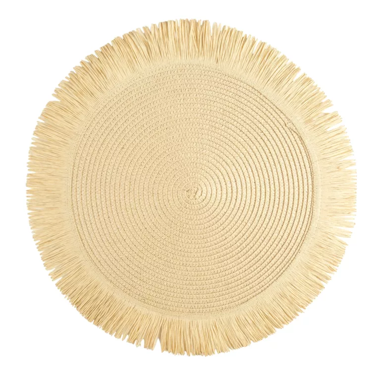 Podkładka okrągła na stół beżowa średnica 38 cm BOHO 1 pleciona z frędzlami