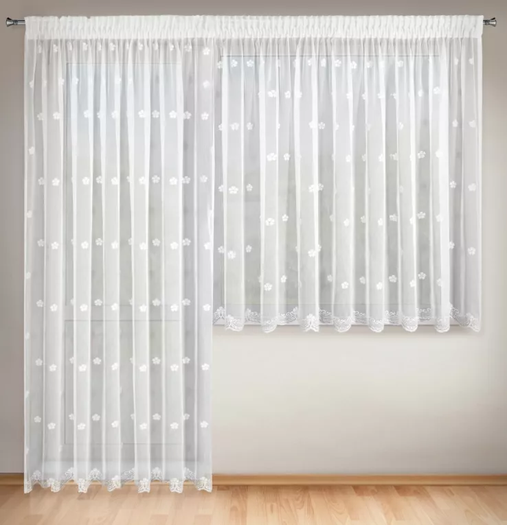 Komplet białych firan 2 szt na okno balkonowe zdobiona haftowanymi drobnymi srebrnymi kwiatuszkami 400x160 cm / 200x250 cm taśma Eurofirany