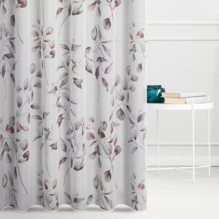 Firana szyta na przelotkach biało ceglasta z tkaniny typu ETAMINA z botanicznym nadrukiem, wykończona obciążnikiem