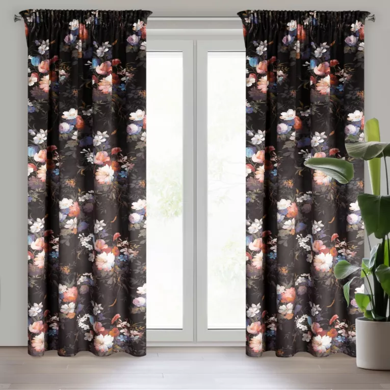 Zasłona czarno, różowa zdobiona nadrukiem roślinnym z welwetu 140x270 cm taśma KAREN Eurofirany