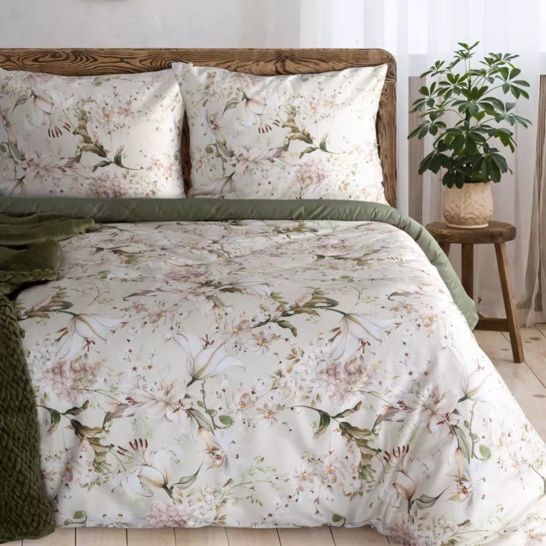 Pościel 160x200 cm z makosatyny bawełnianej kolor beżowo, biały z motywem kwiatów REINA 45 Eurofirany