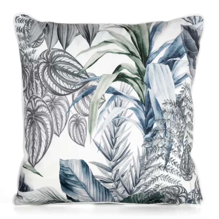 Poszewka na poduszkę 45x45 cm welwetowa poszewka zdobiona nadrukiem egzotycznych liści biało, zielona DAVOS DESIGN 92 Eurofirany