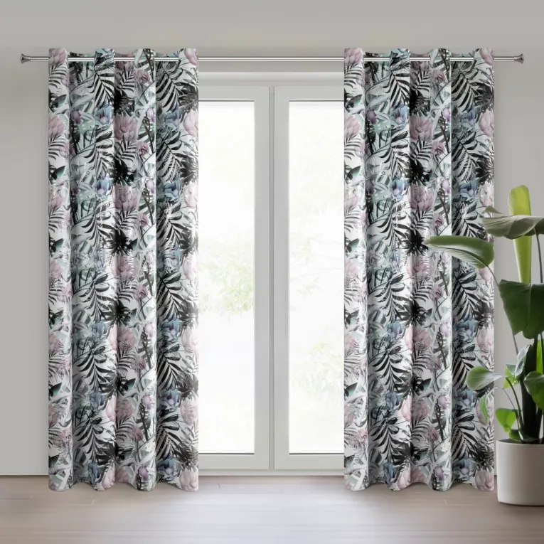 Zasłona biało, srebrzysta z błyszczącym wzorem egzotycznych liści z welwetu 140x250 cm przelotka MALIBU  Eurofirany