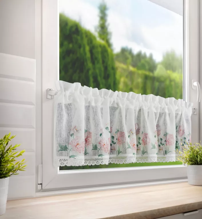 Zazdrostka biało, różowa z etaminy w stylu prowansalskim z koronką 150x30 cm tunel ASTEJA Eurofirany