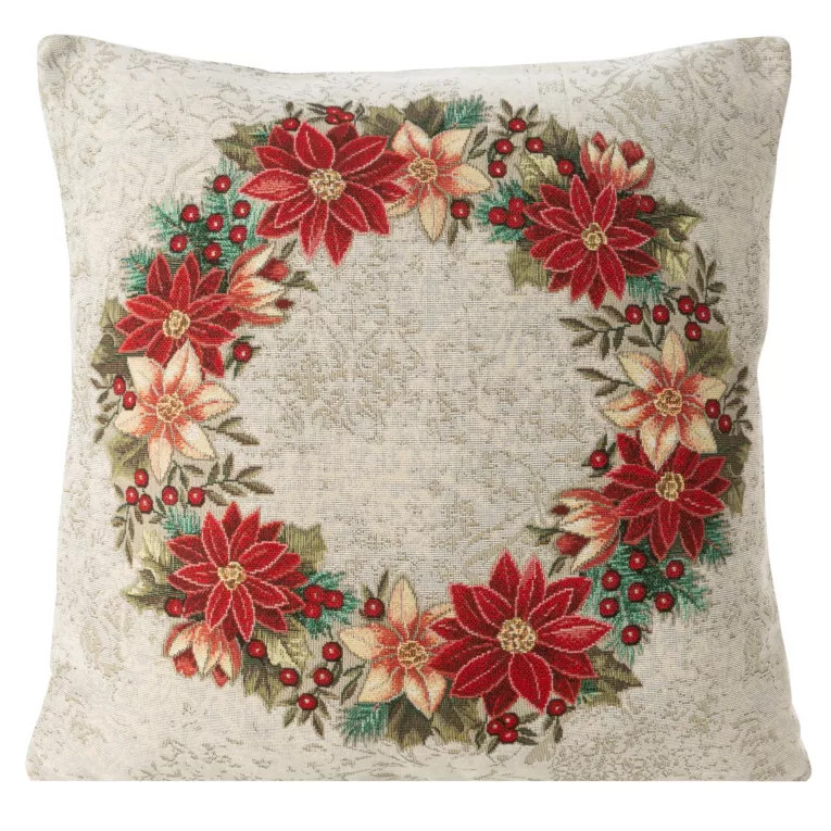 Poszewka na poduszkę 45x45 cm gobelinowa z wieńcem świątecznym naturalno, czerwona GOB Eurofirany