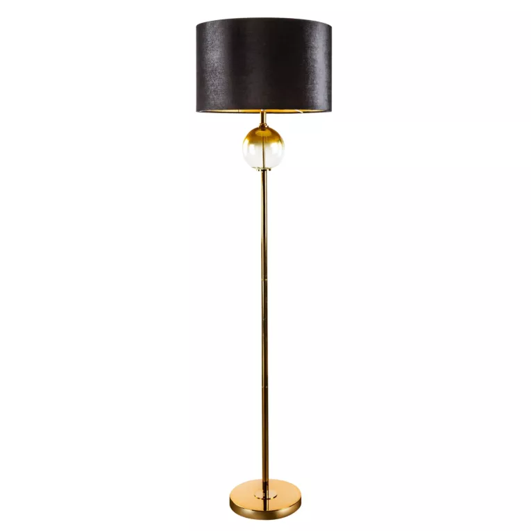 Lampa stojąca do salonu czarno, złota KAJA na podstawie łączącej szkło i metal z welwetowym abażurem Eurofirany