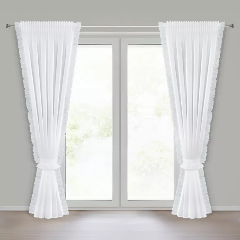 Firana biała z etaminy zdobiona falbanami po bokach tkaniny w zestawie ozdobny troczek 140x270 cm taśma KAREN Eurofirany