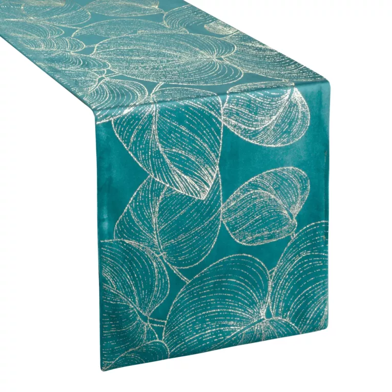 Bieżnik na stół ciemnotrkusowo, złocisty 35x180 cm welwetowy BLINK 16 z dużym wzorem liści