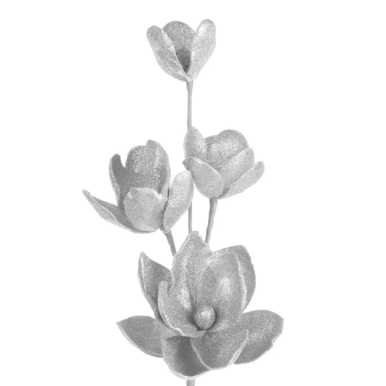 Kwiat sztuczny dekoracyjny z lśniącym brokatem srebrny Eurofirany