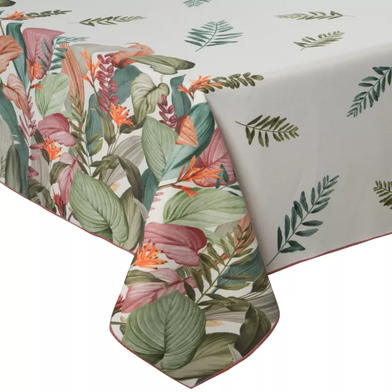 Obrus naturalno, zielony 160x350 cm INES z nadrukowanym motywem botanicznym