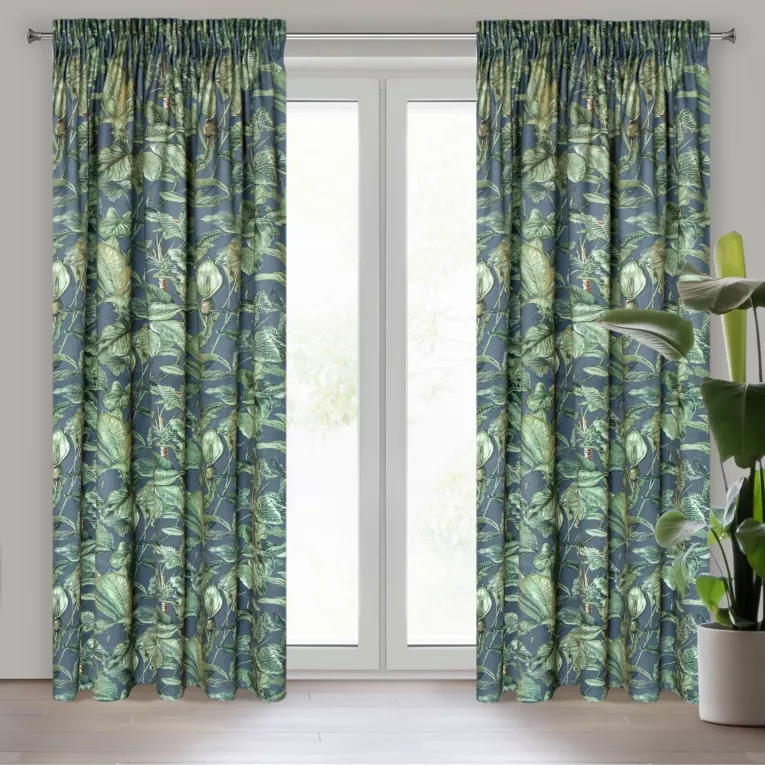 Zasłona zielono, grafitowa z nadrukiem egzotycznych liści z welwetu 140x270 cm taśma KLARA Eurofirany