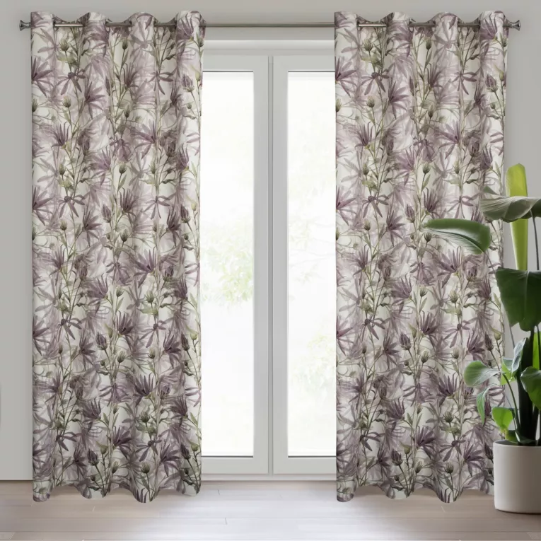 Zasłona fioletowo, zielona z motywem malowanych kwiatów z welwetu 140x250 cm przelotka TESSA Eurofirany