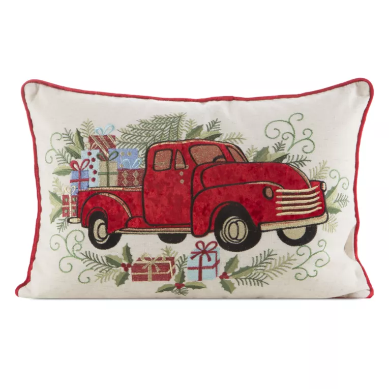 Poszewka na poduszkę świąteczna 35x50 cm czerwono, zielona zdobiona haftem autka Eurofirany