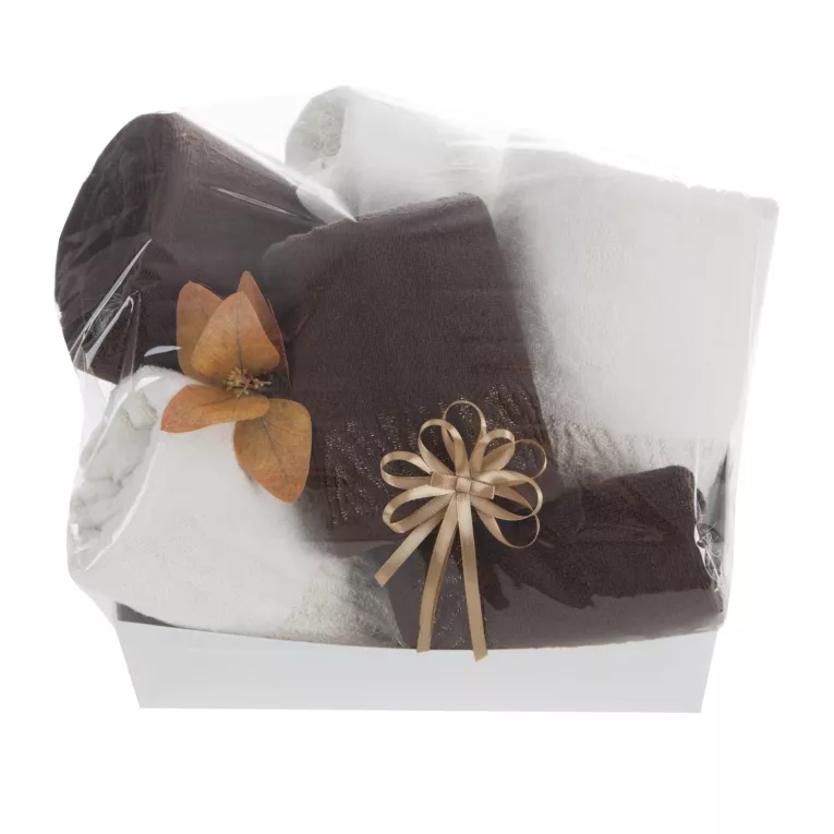 Zestaw ręczników bawełnianych na prezent 2 szt 30x50 cm, 2 szt 50x90 cm, 2 szt 70x140 cm kolor brązowy, biały z błyszczącą bordiurą Eurofirany