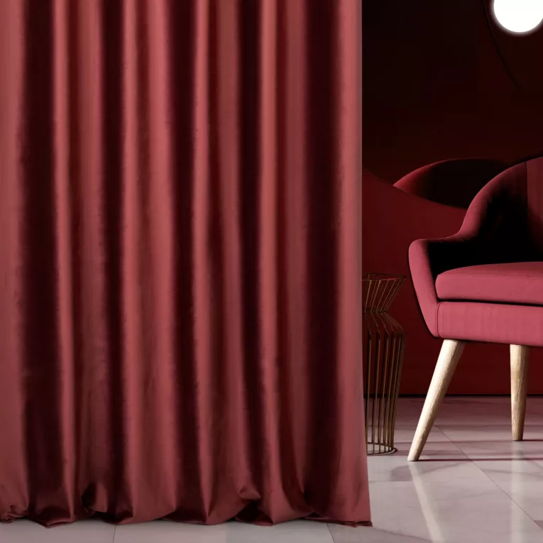 Zasłona szyta na taśmie fala bordowa z miękkiej półmatowej tkaniny welwetowej