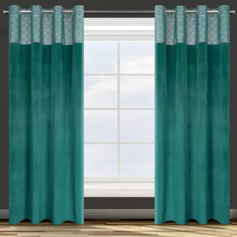 Zasłona turkusowa z aplikacją z błyszczącego welwetu 140x250 cm przelotka AGNES Design 91 Eurofirany