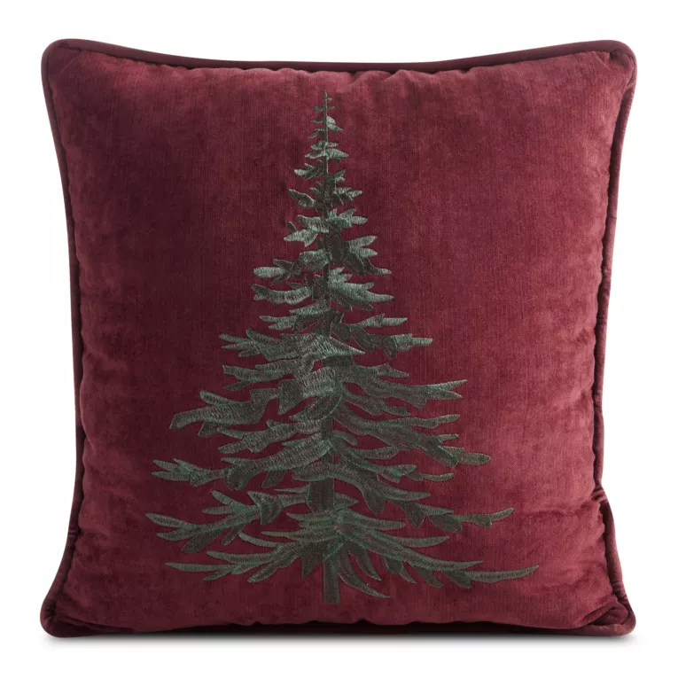 Poszewka na poduszkę świąteczna 45x45 cm welwetowa bordowo, zielona z szenilu zdobiona haftem choinki Eurofirany