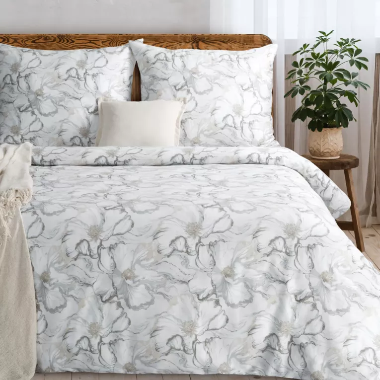 Pościel 140x200 cm komplet 2 częściowy z satyny bawełnianej kolor kremowy, jasnoszary  zdobiona nadrukiem kwiatów - LISA Eurofirany