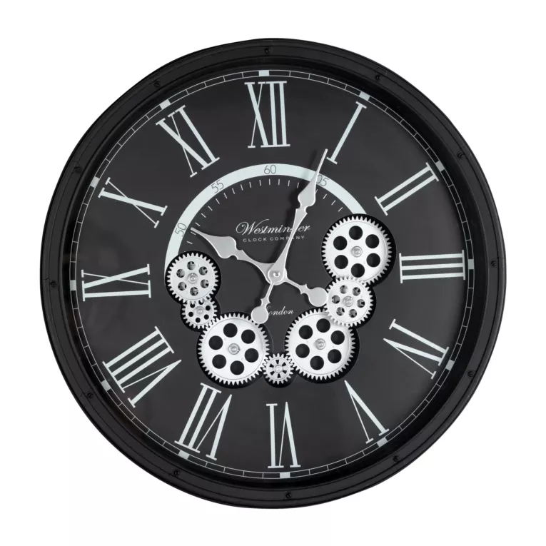 Okrągły zegar ścienny w metalowej ramie z ruchomymi kołami zębatymi Eurofirany