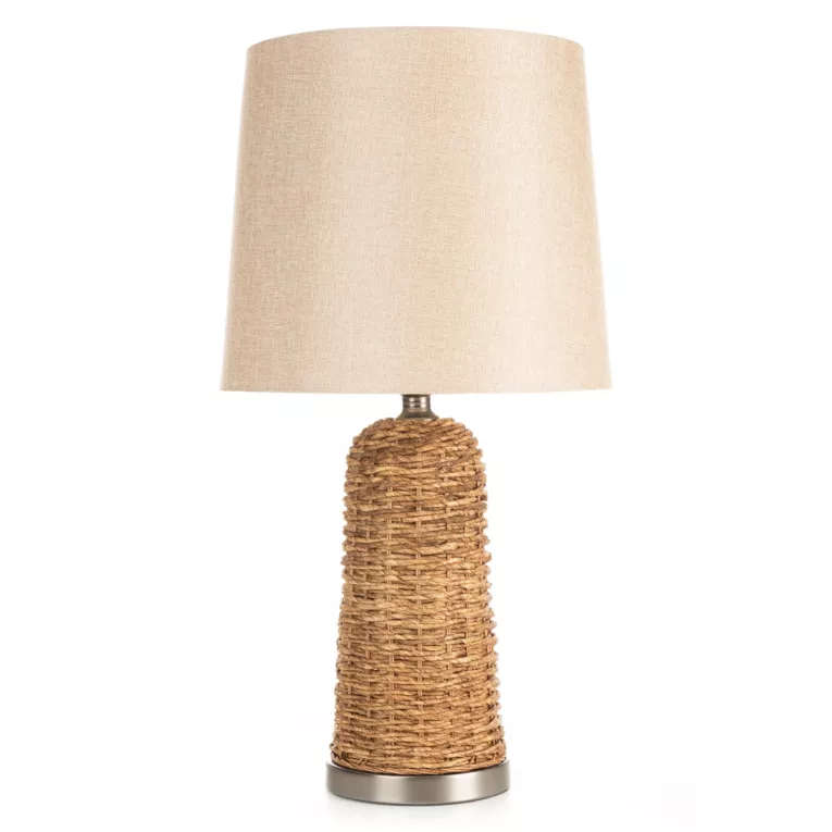 Lampa stołowa do kuchni beżowa, jasnobrązowa ARLO w stylu boho z plecionej podstawy i matowego abażuru Eurofirany