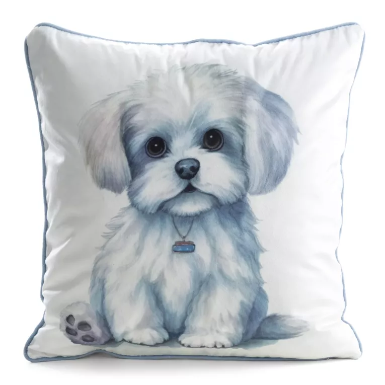 Poszewka na poduszkę 45x45 cm welwetowa biały, jasnoniebieski z motywem psa ANIMAL 84 Eurofirany