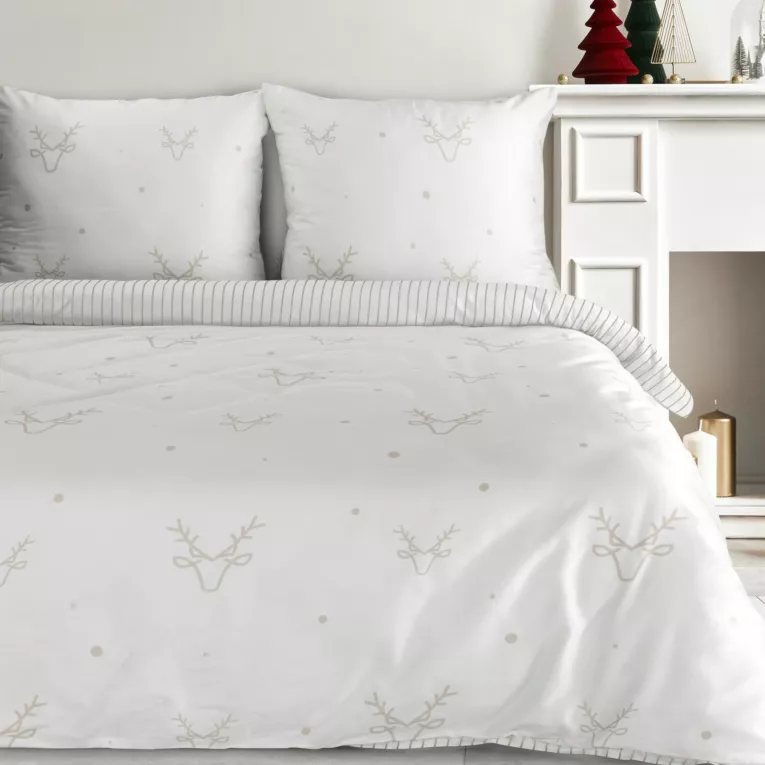 Pościel świąteczna 220x200 cm satyna bawełniana kolor biały, beżowy zdobiona nadrukiem subtelnych reniferów BOSQUE Eurofirany
