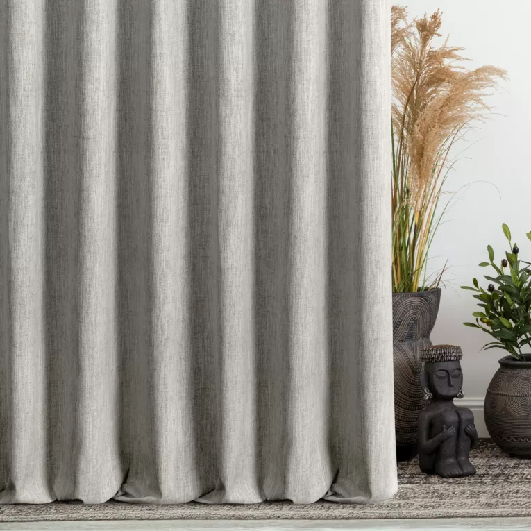 Zasłona szyta na tunelu beżowa z tkaniny o naturalnym splocie z efektem melanżu