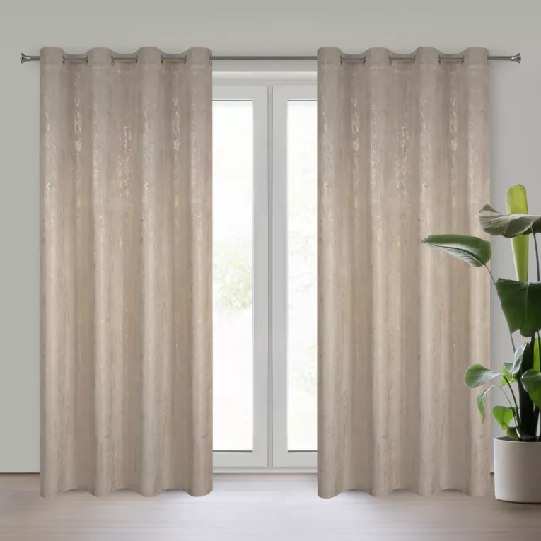 Zasłona ciemnobeżowa z tkaniny welwetowej zdobiona złotym przecieranym nadrukiem złote przelotki - DARA Eurofirany