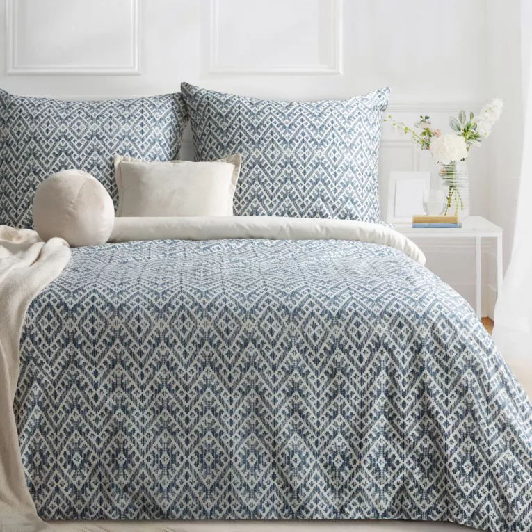 Pościel 140x200 cm komplet 2 częściowy satyna bawełniana kolor granatowo, kremowy z motywem etnicznym SPRING 98 Eurofirany