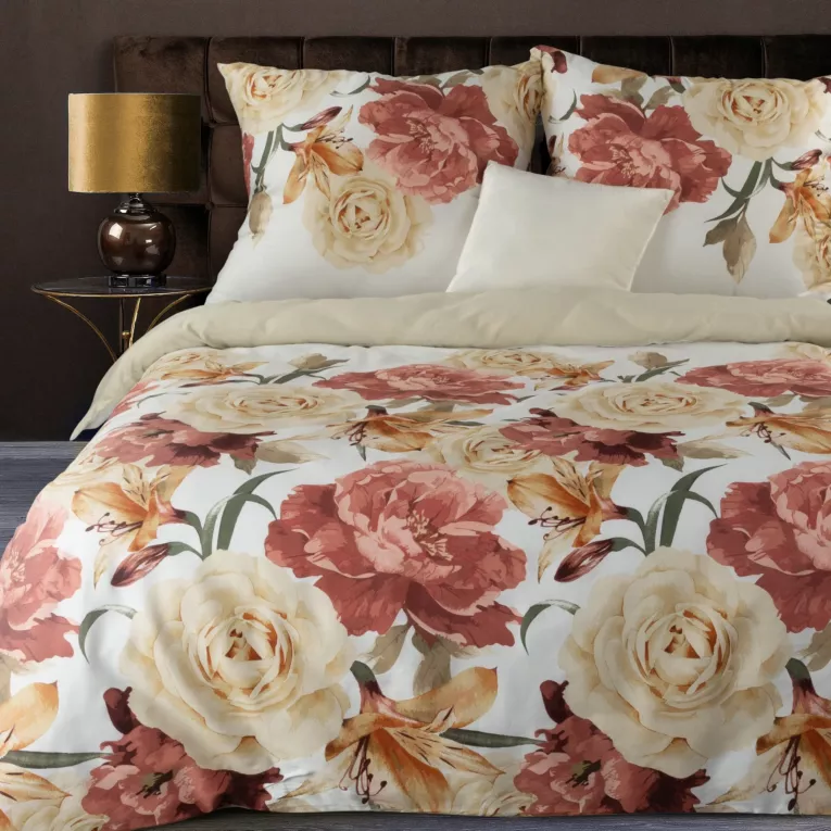 Pościel 140x200 z satyny bawełnianej kolor biały, pomarańczowy z wzorem kwiatowym DIVA 10 Diva Line Eurofirany