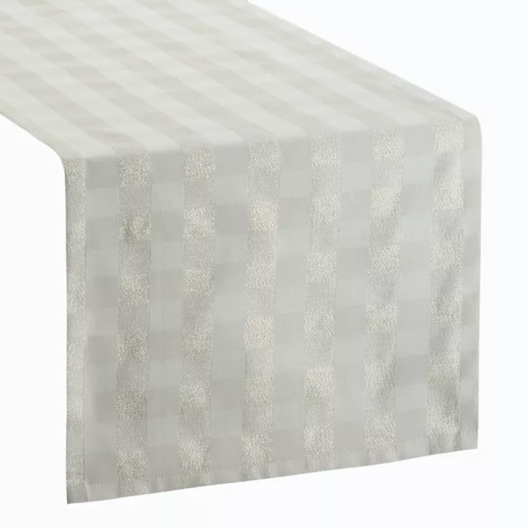 Bieżnik na stół kremowy 40x180 cm z żakardowej tkaniny FLASH świąteczny w krateczkę przetykany jasnozłotą nicią