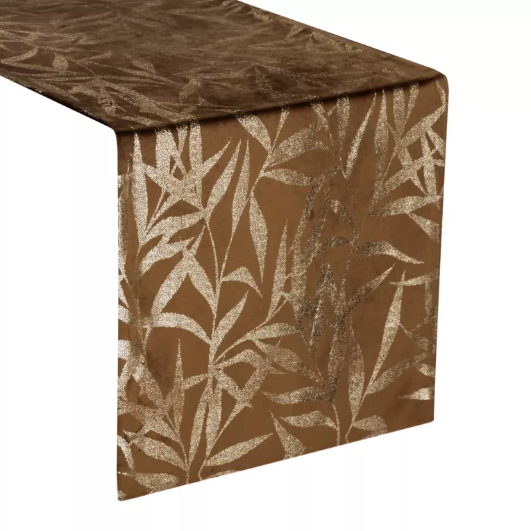 Bieżnik na stół brązowo, złoty 35x140 cm welwetowy BLINK 15 z delikatnymi gałązkami