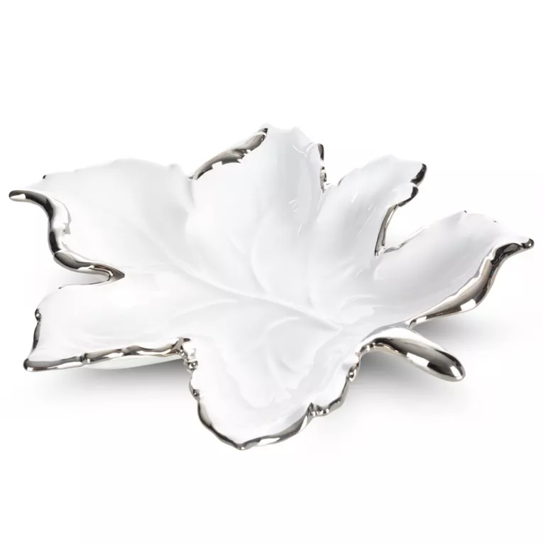Patera ceramiczna biało-srebrna w kształcie liścia 33x35x6 cm ABBI Eurofirany