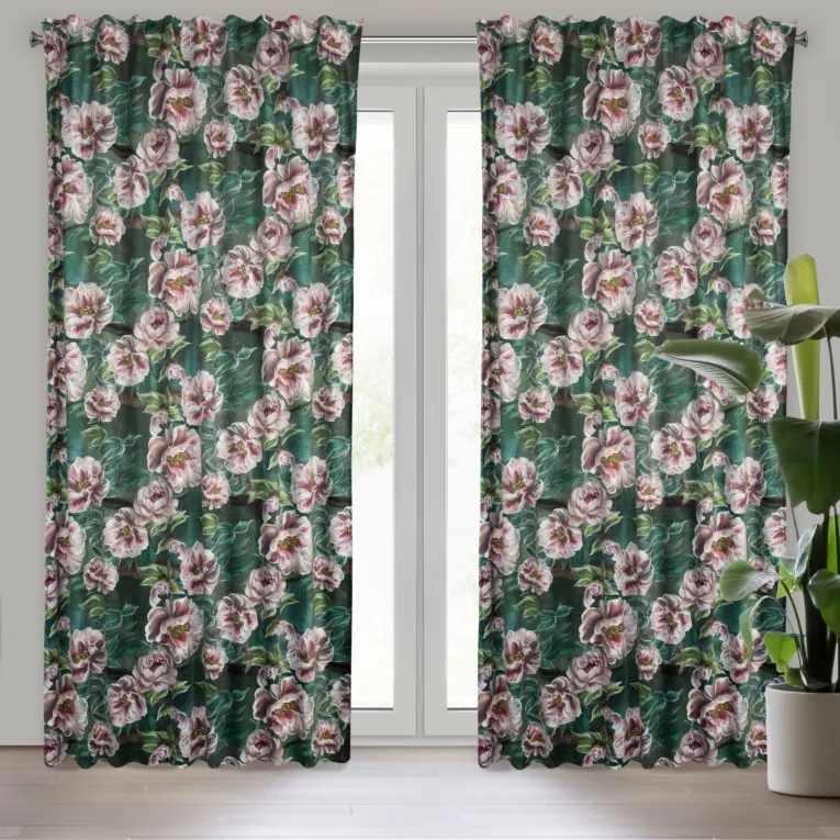 Zasłona zielono, różowa ze wzorem kwiatowym z welwetu 140x270 cm tasma/szelki PALMERA Eurofirany