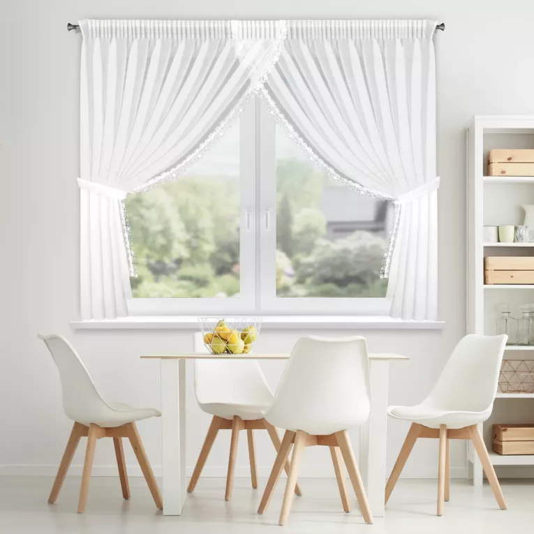 Firana biała z etaminy zdobiona ażurową koronką 400x160 cm troczek w zestawie, taśma - ARTEMIDA Eurofirany