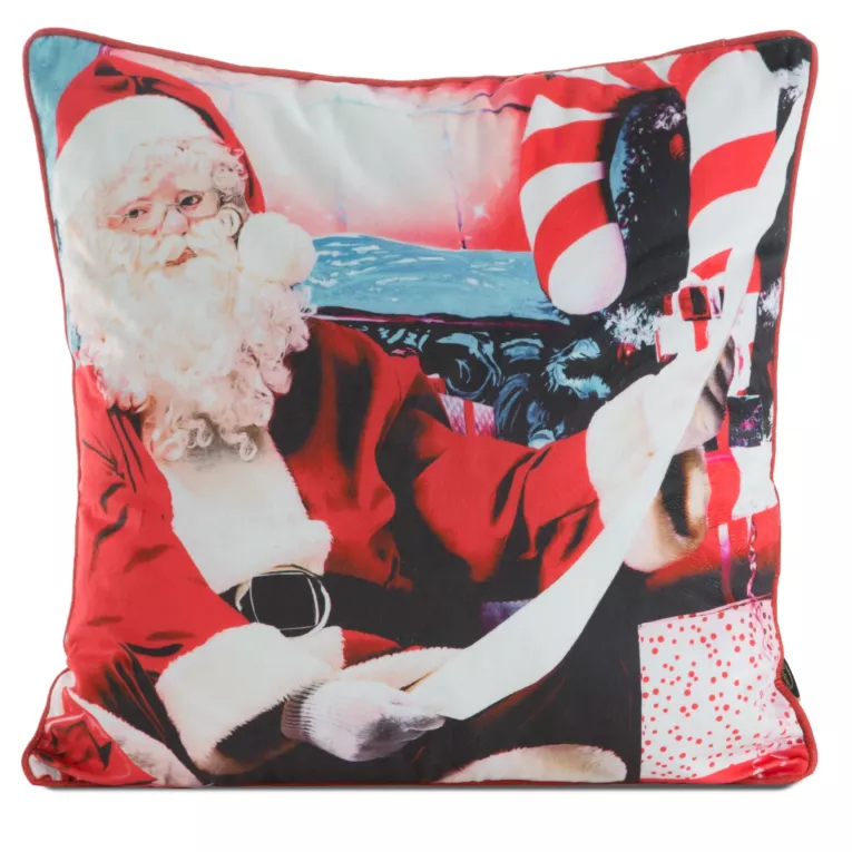 Poszewka na poduszkę 45x45 cm welwetowa zdobiona uroczym motywem świątecznym czerwono, biała Eurofirany