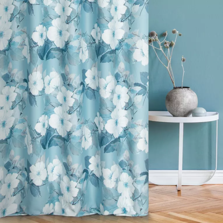 Tkanina zasłonowa o zamszowym chwycie z nadrukiem kwiatów Eurofirany