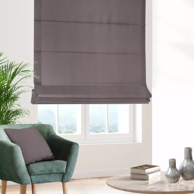 Roleta rzymska STILLO grafitowa o naturalnym charakterze, z widocznym, ozdobnym splotem