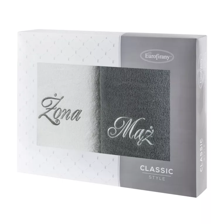 Zestaw ręczników bawełnianych 2 szt 50x90 cm z haftem Żona i Mąż kolor biały,popielaty 400 g/m2 Eurofirany