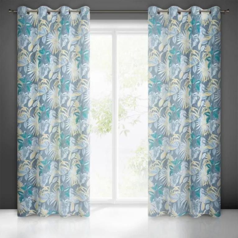 Zasłona turkusowo, żółta we wzór botaniczny z etaminy 140x250 cm przelotka LENA Eurofirany