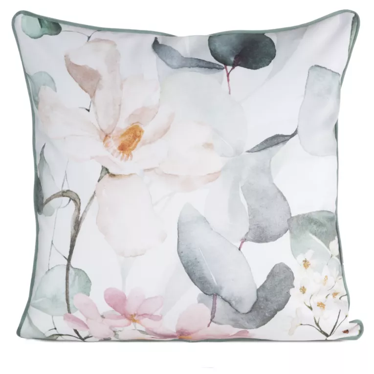 Poszewka na poduszkę dwustronna 60x60 cm welwetowa z motywem roślinnym z wypustką na brzegach biało, zielona JULIET EUROFIRANY PREMIUM