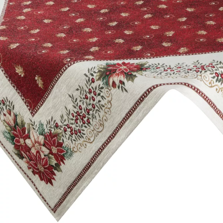 Obrus czerwono, beżowy 140x180 cm gobelinowy z mieszanki włókien zdobiony wzorem świątecznym