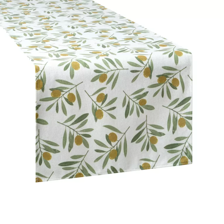 Bieżnik na stół plamoodporny 40x140 cm biało, zielony z motywem oliwek - ERIN Eurofirany